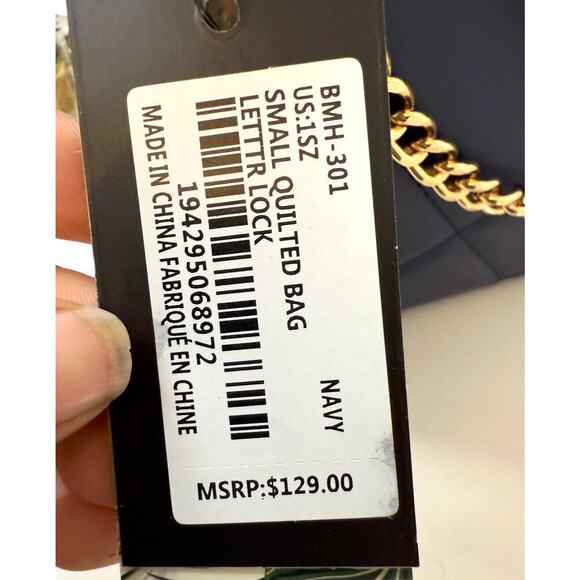 BADGLEY MISCHKA Top Handle Handbag Navy Blue Quilted with Letter Lock NWT - Picture 6 of 6